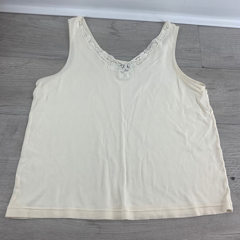 Nordstrom Intimates Womens 1X Cream 100% Cotton Lace Trim V-Neck Camisole  Top